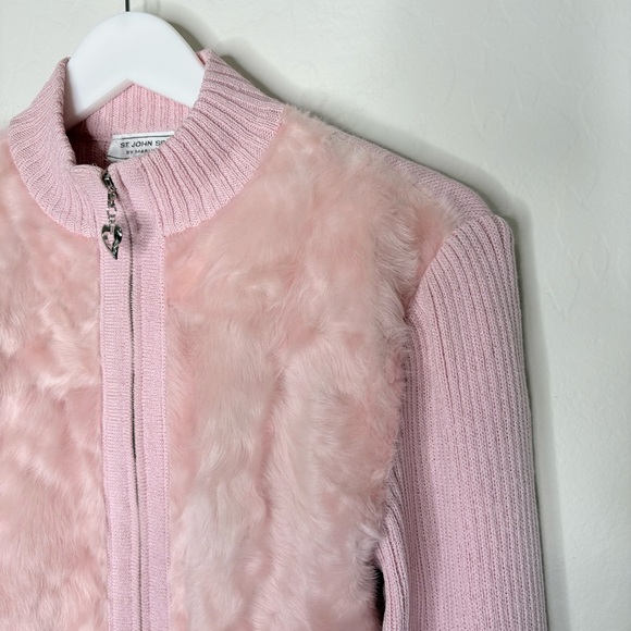 St John Sport Lamb Fur Cable Knit Zip Jacket Pink Heart Pull Sweater Small Y2K - Picture 2 of 11